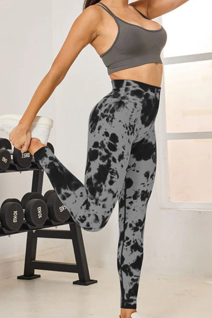 Tie-dye high-waist active leggings with wide waistband