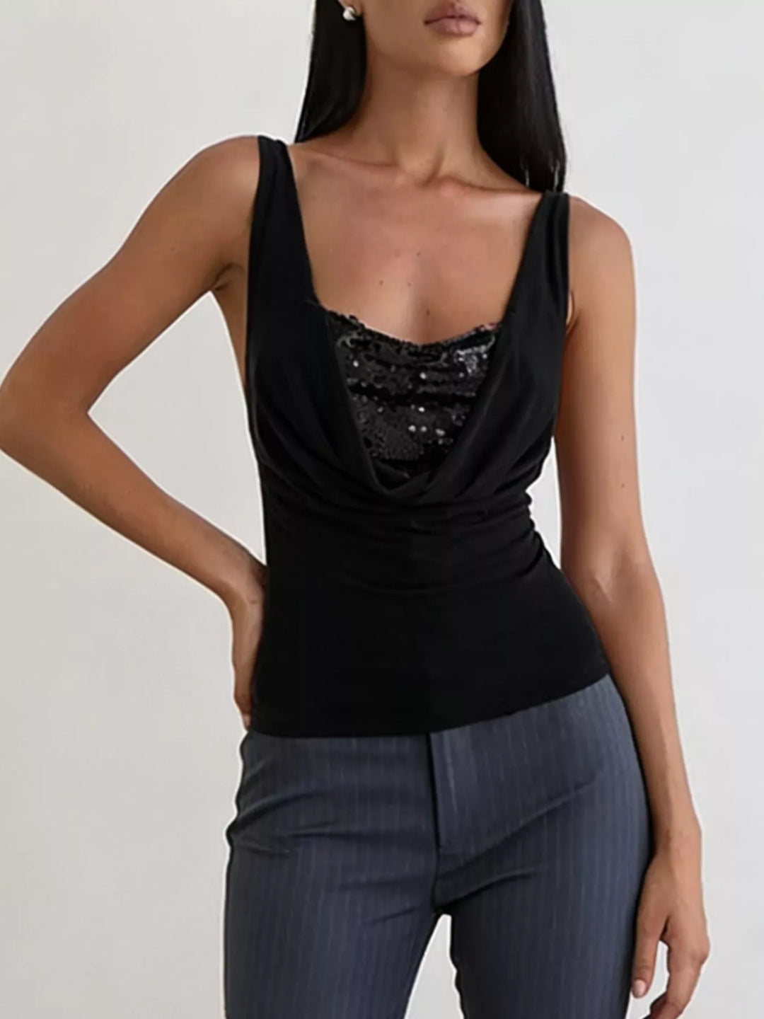 Black Cowl neck ruched tank top with sequin bust panel