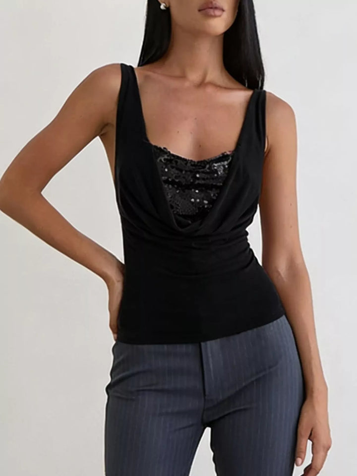 Black Cowl neck ruched tank top with sequin bust panel