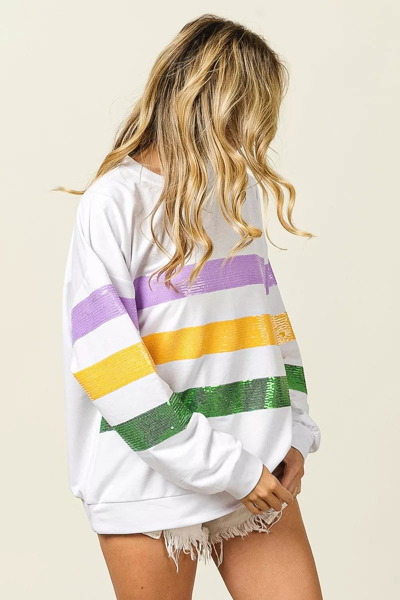 Sequin stripe Mardi Gras crewneck sweatshirt