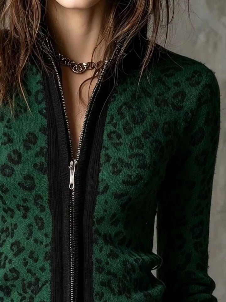 Leopard print zip-up knit cardigan with ribbed trim