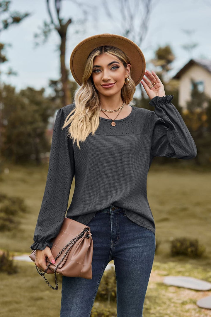 Dark Gray Eyelet knit puff sleeve blouse with round neckline