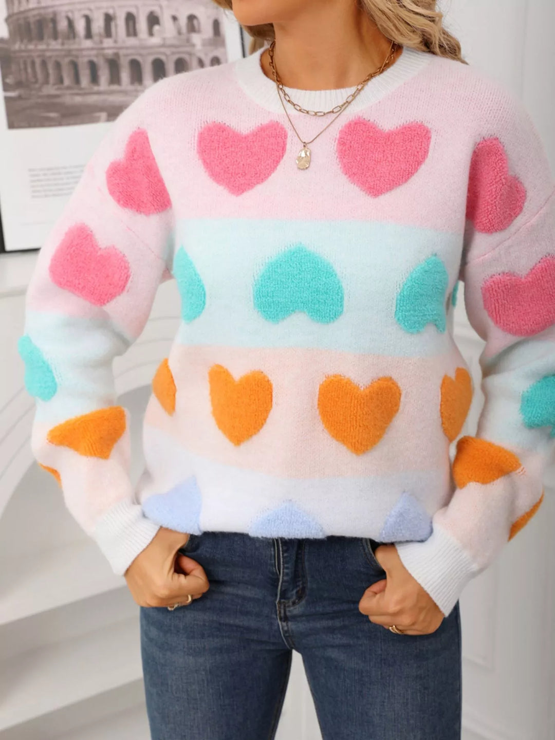 White Fuzzy heart color-block crew neck knit sweater