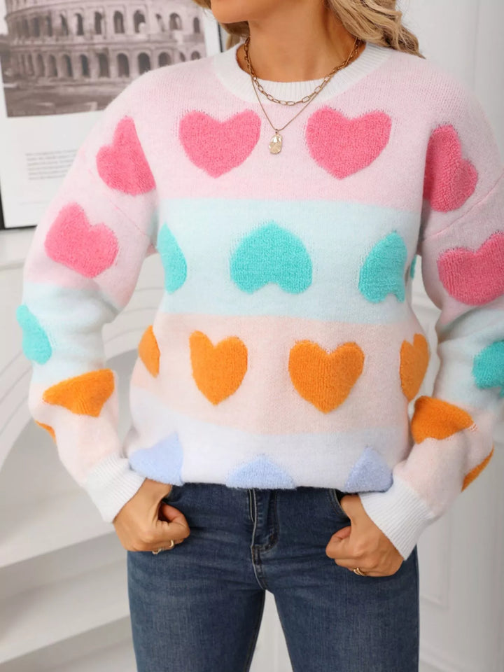 White Fuzzy heart color-block crew neck knit sweater