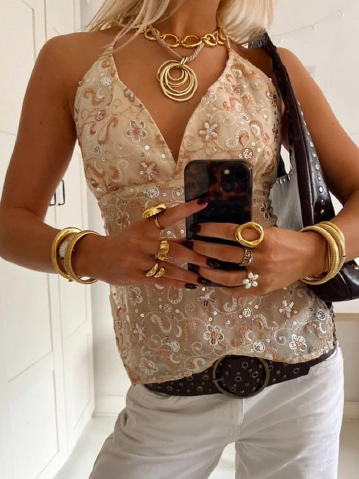 Floral sequin embroidered halter neck cami