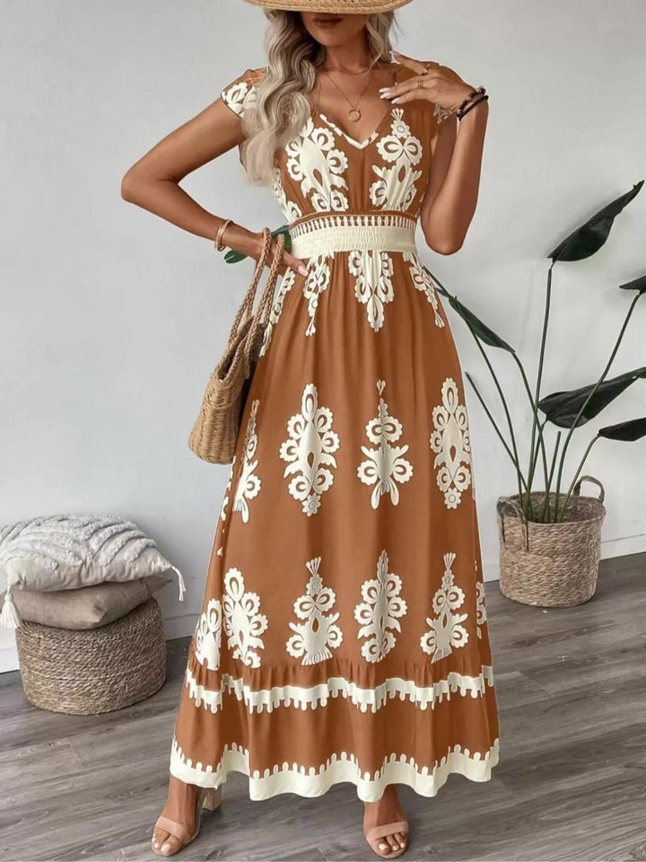 Earthy Yellow Ornate print v-neck maxi dress with flutter sleeves