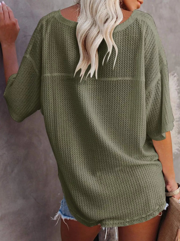 Waffle knit v-neck drop shoulder short sleeve tee