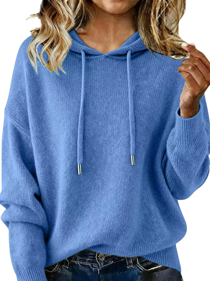 Blue Drawstring hooded knit pullover sweater with ribbed cuffs
