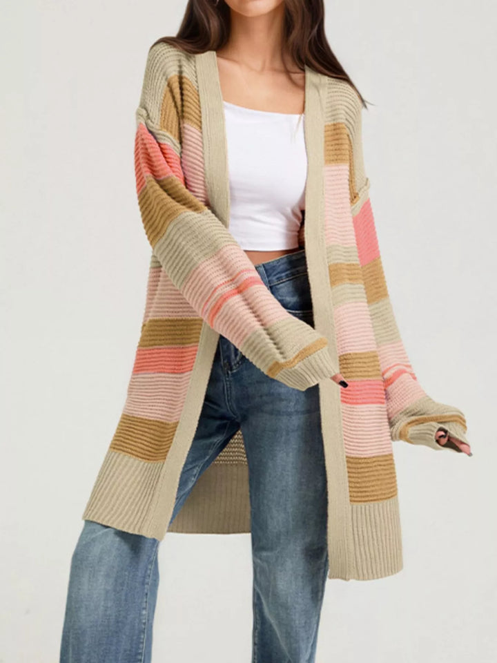 Khaki Striped color block open front longline cardigan