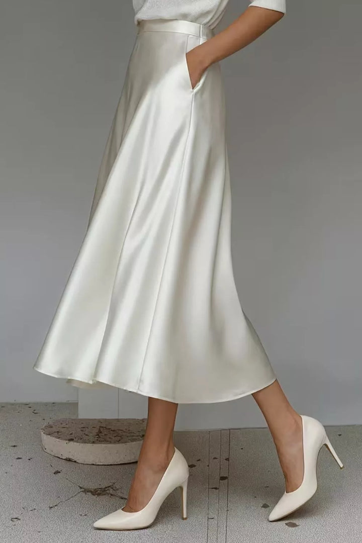 High-waist satin A-line midi skirt with pockets