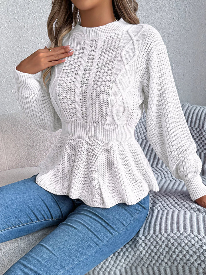 Cable knit peplum sweater with mock neck