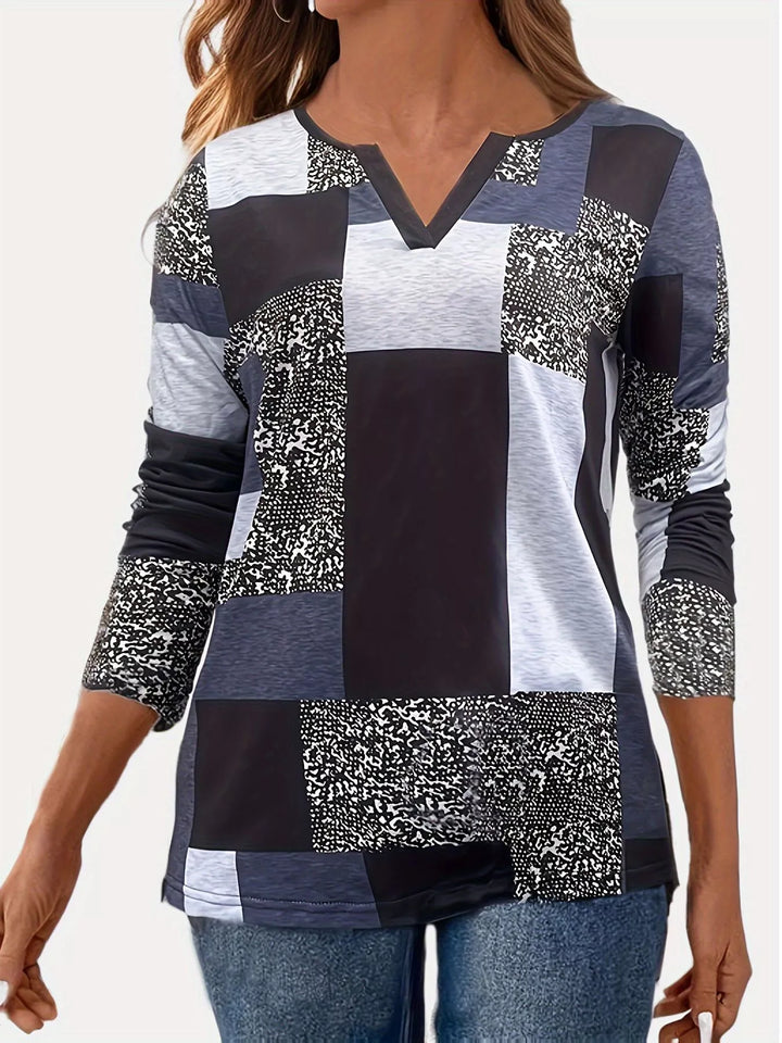 Dark Blue Notched neckline color-block long sleeve top with buttons