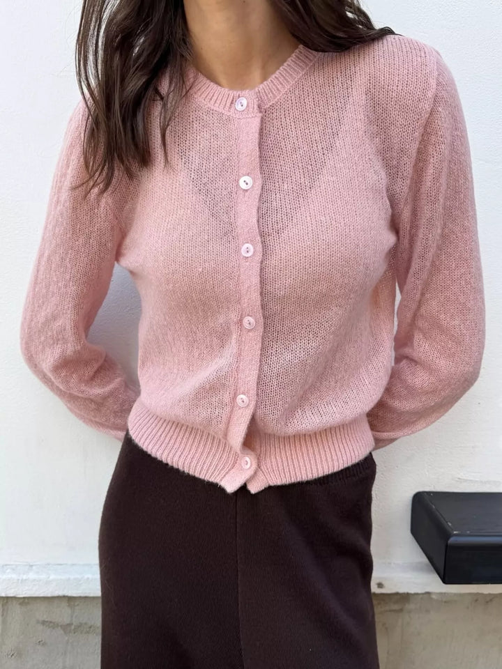 Sheer open-knit button-front cardigan with long sleeves