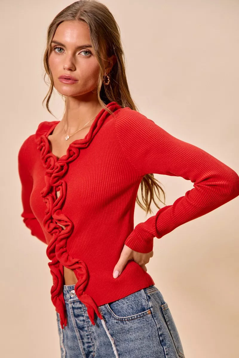 Ribbed knit cardigan with cascade ruffle trim