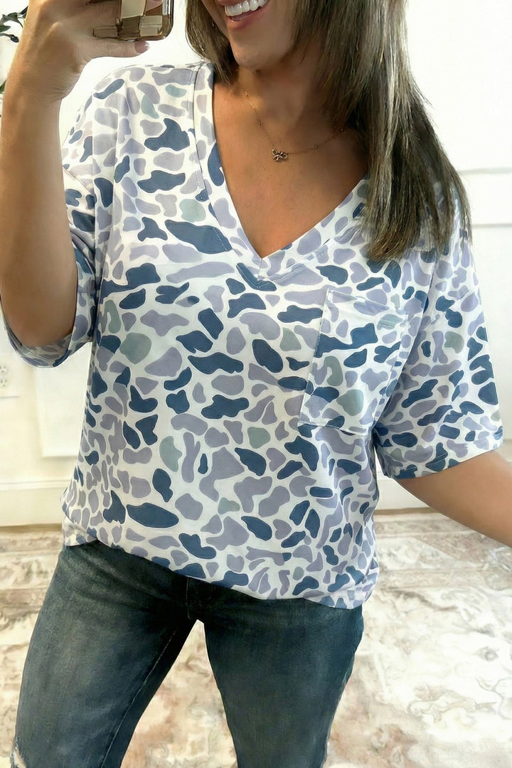 Light Gray Abstract camo print V-neck pocket tee