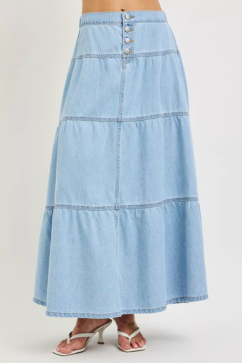 LIGHT High-rise tiered denim maxi skirt with button-front