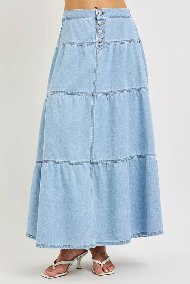 LIGHT High-rise tiered denim maxi skirt with button-front