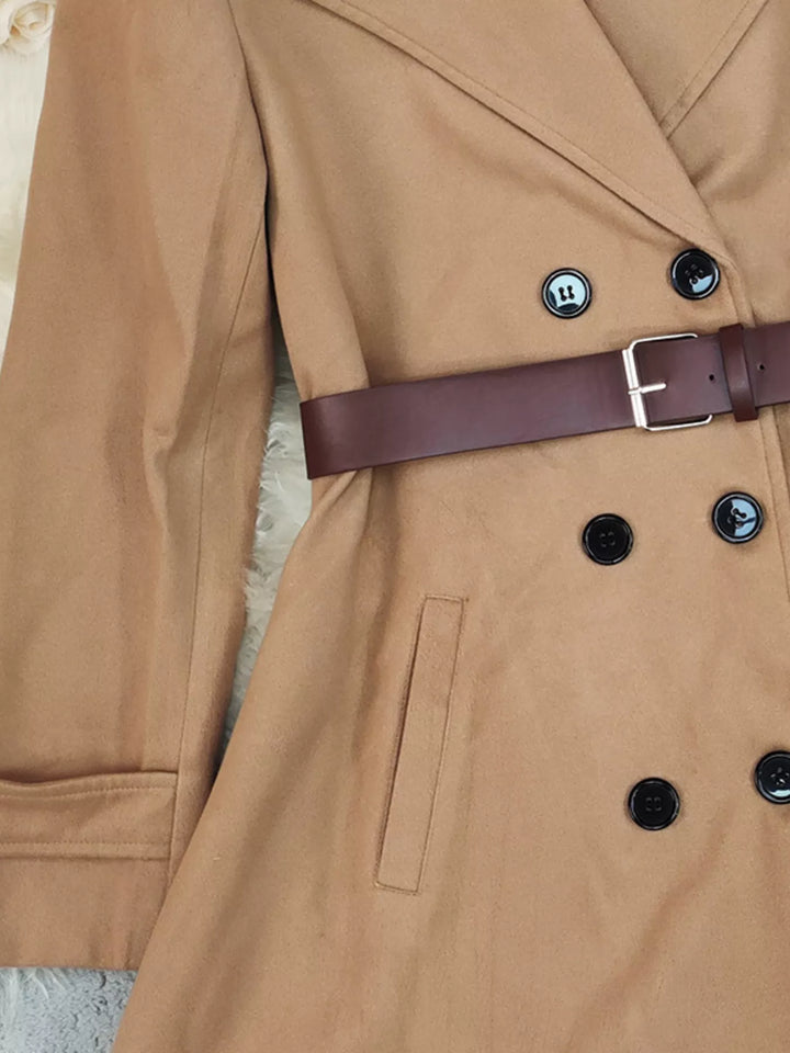 Double-breasted belted midi coat with notch lapel