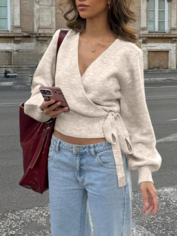 Eggshell Tie-waist surplice wrap sweater with balloon sleeves