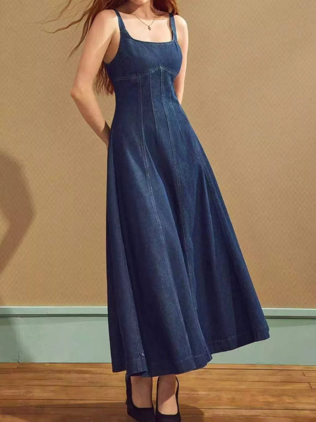 Square neck sleeveless denim maxi dress with A-line skirt