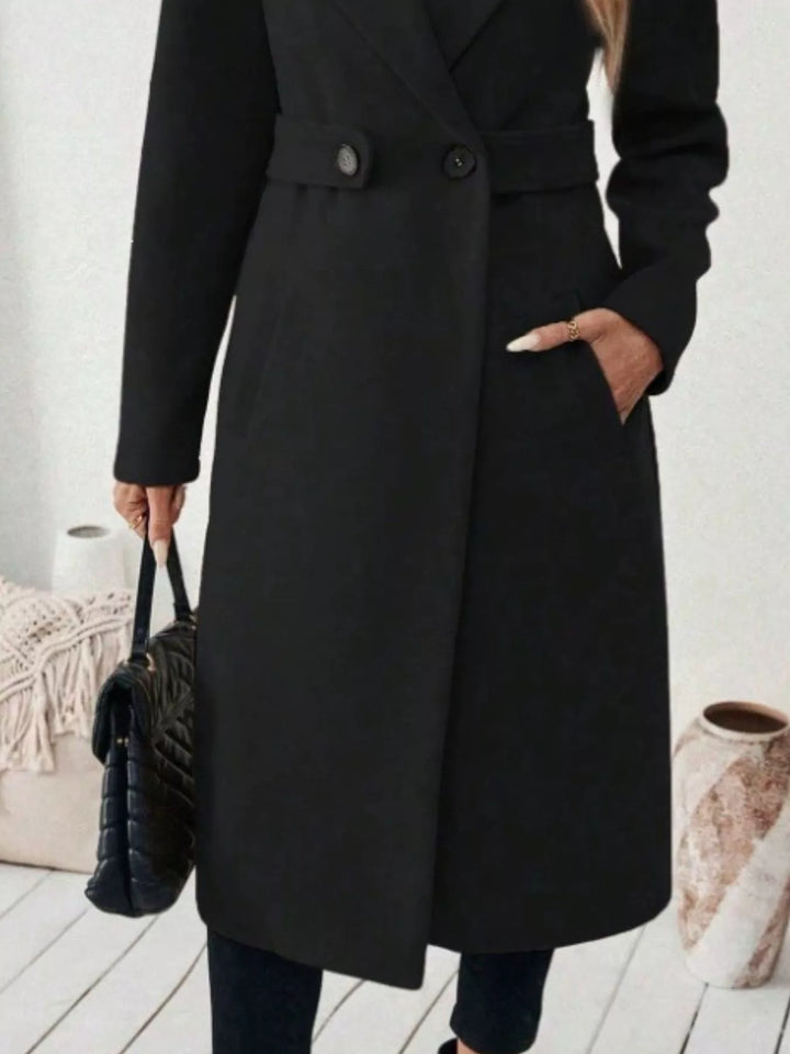 Notched lapel belted longline coat with side pockets
