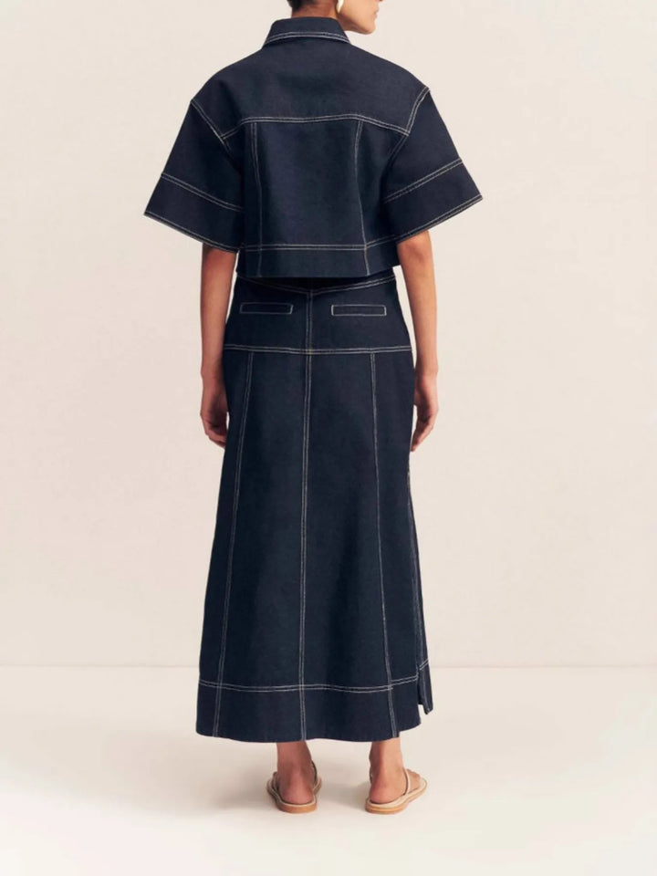High-waist contrast stitch denim maxi skirt with side slit