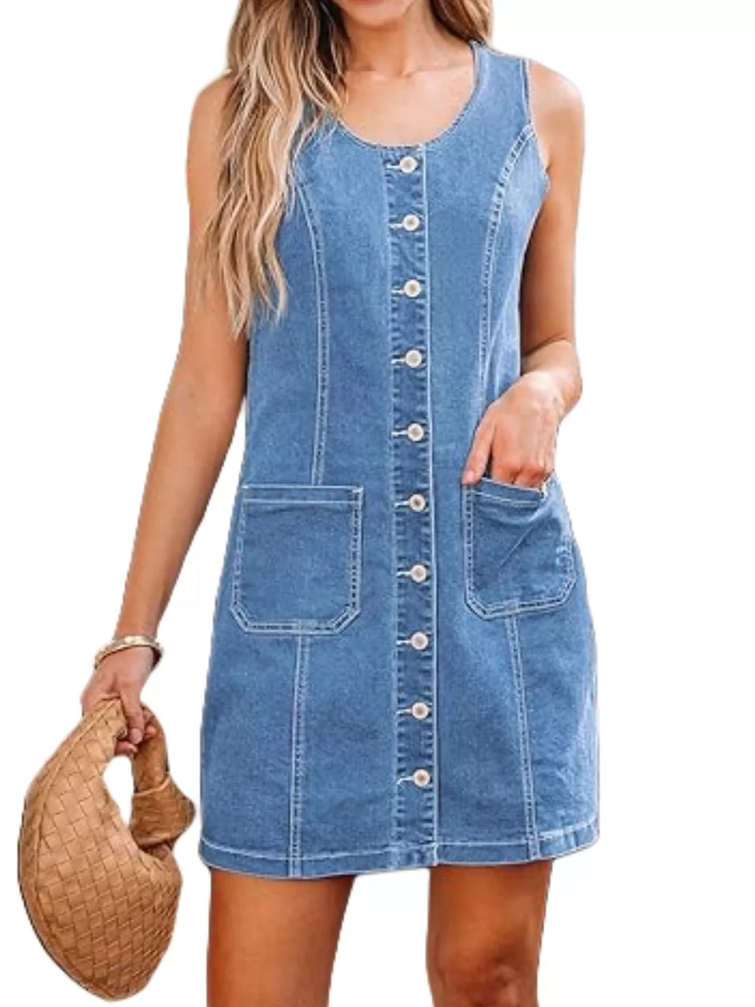 Sleeveless button-front denim mini dress with patch pockets