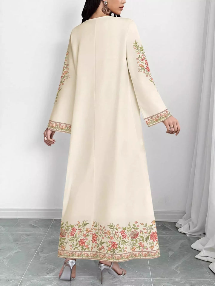 Floral border print V-neck long sleeve maxi dress