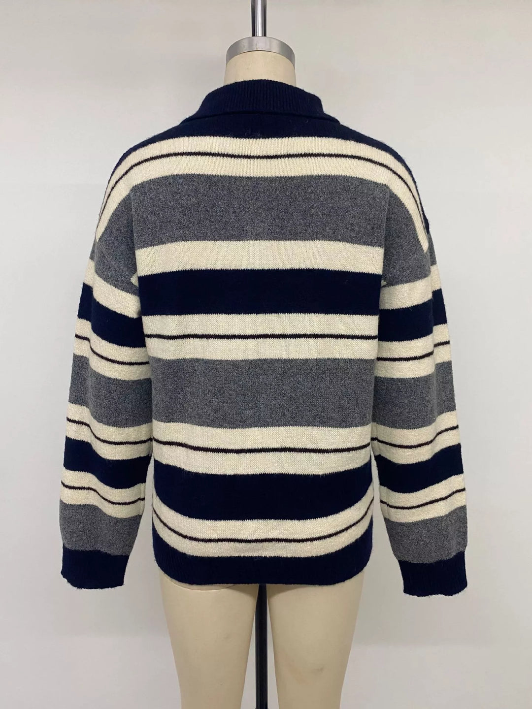 Striped polo collar sweater with button placket