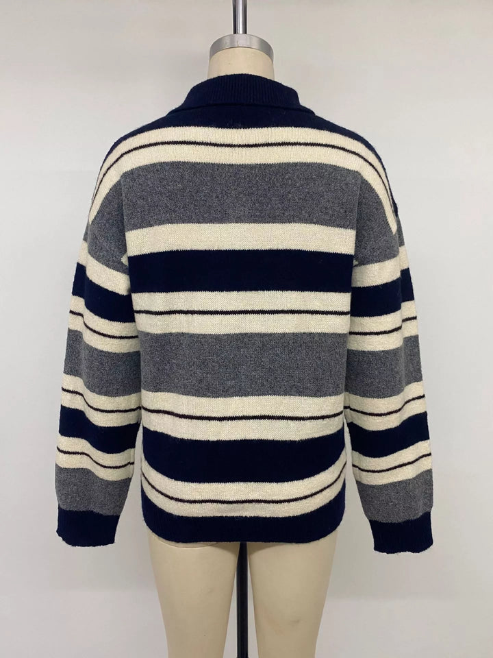 Striped polo collar sweater with button placket