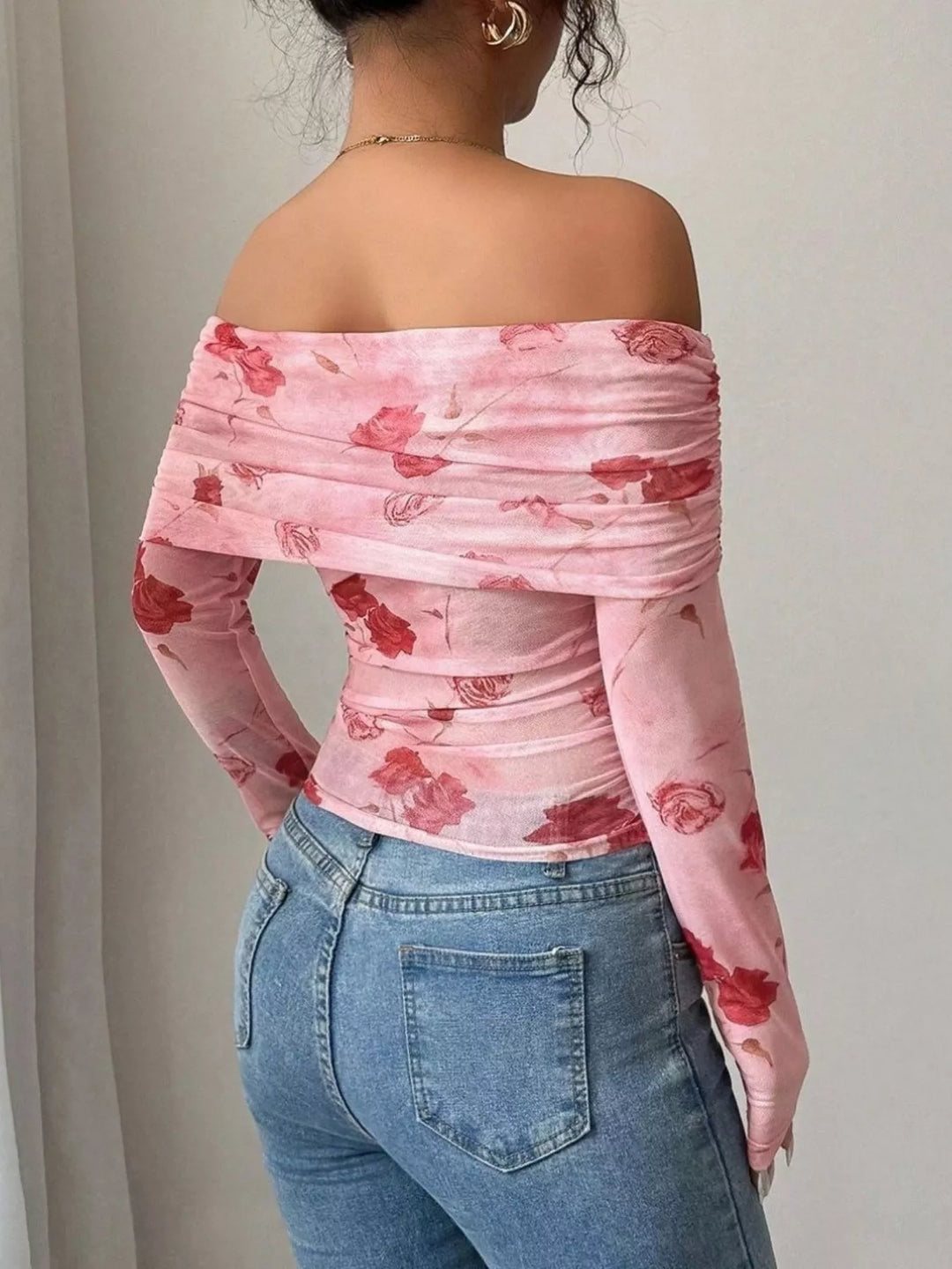 Sheer floral mesh off-shoulder top with ruched sides