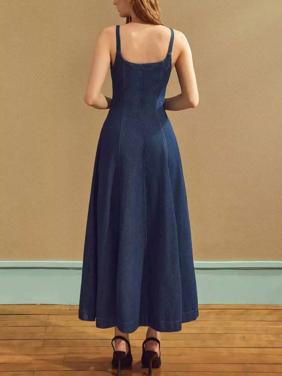 Square neck sleeveless denim maxi dress with A-line skirt