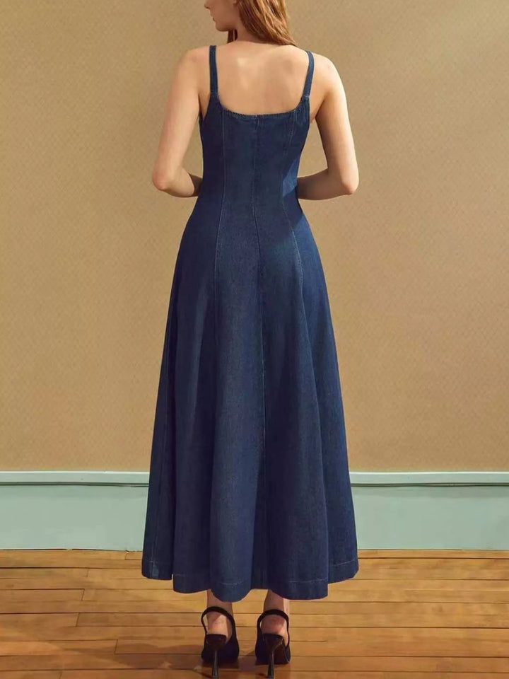 Square neck sleeveless denim maxi dress with A-line skirt