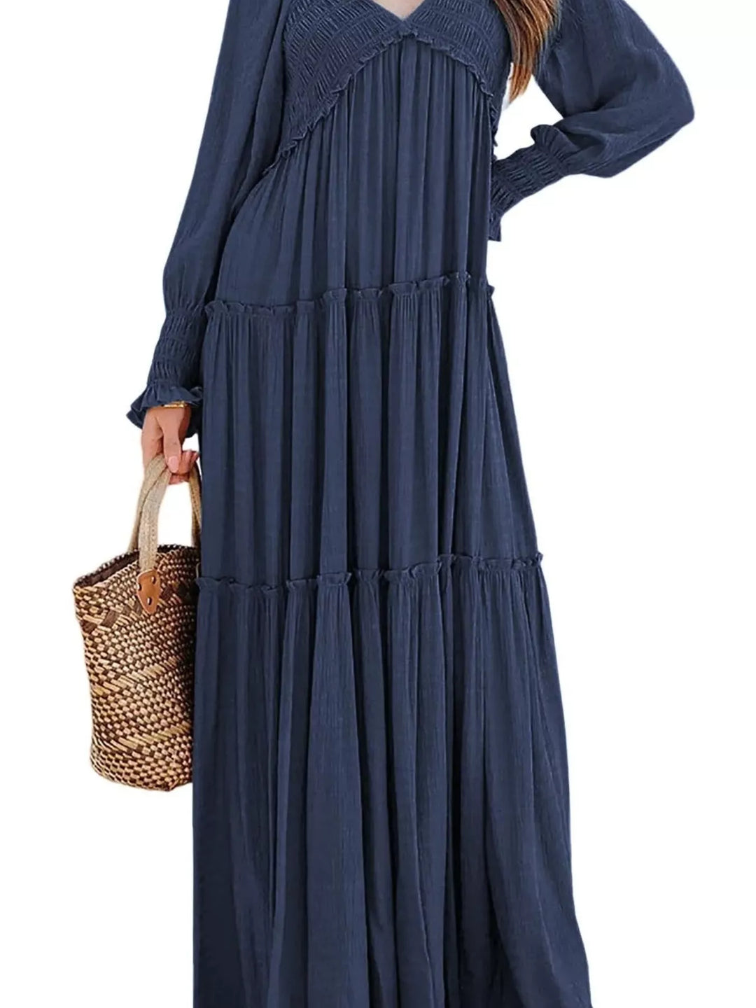 Smocked v-neck tiered maxi dress with long sleeves