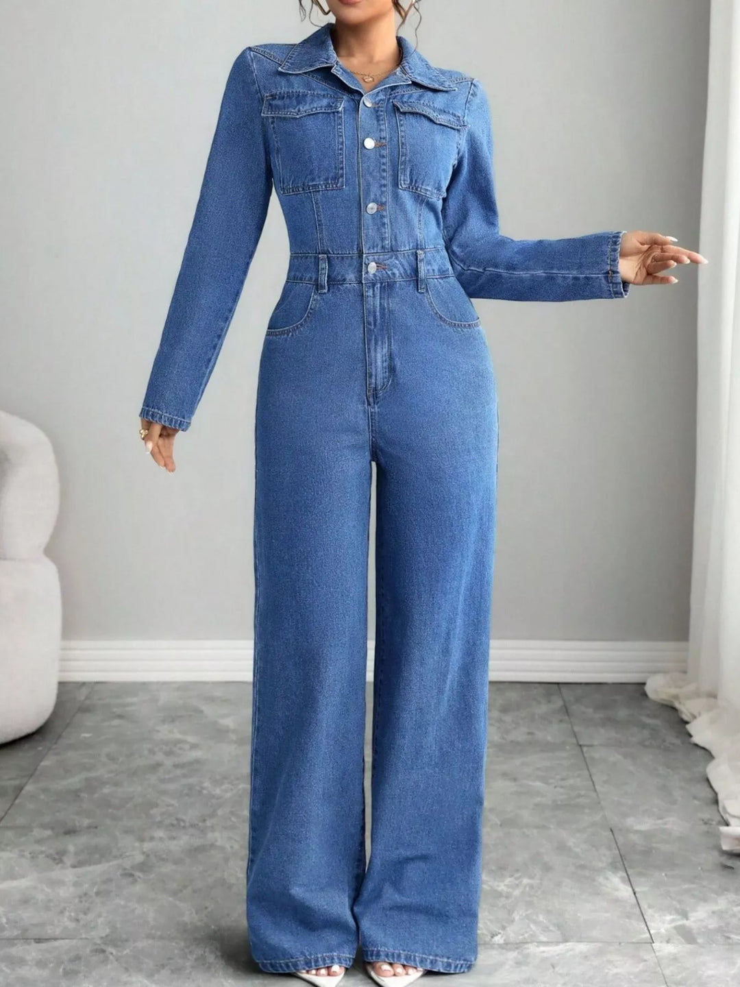 Button front wide leg denim jumpsuit with collar