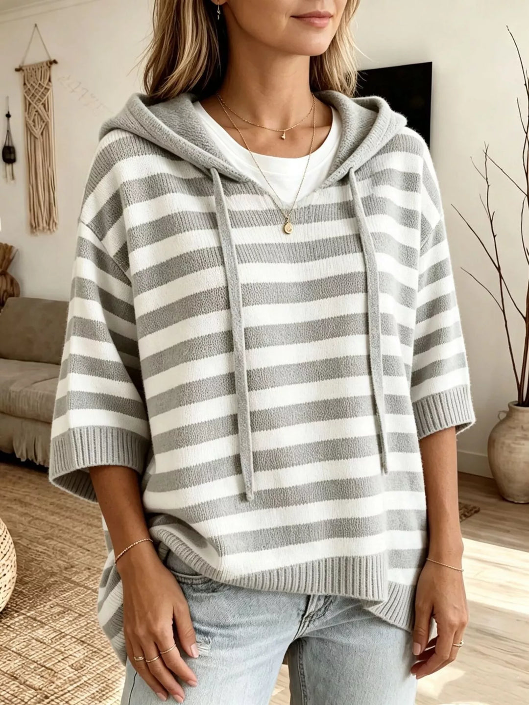 Gray Striped drawstring hooded sweater with elbow-length sleeves