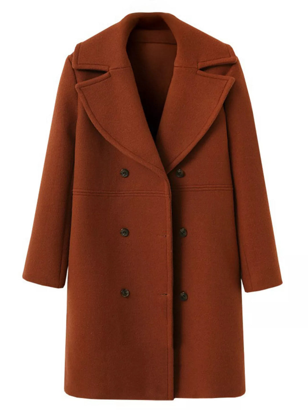 Brick Red Double-breasted longline coat with notched lapel collar