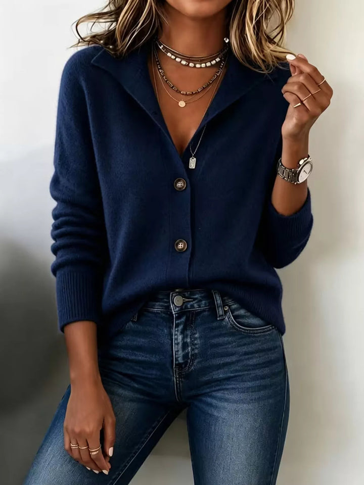 Collared button-front knit cardigan with ribbed cuffs