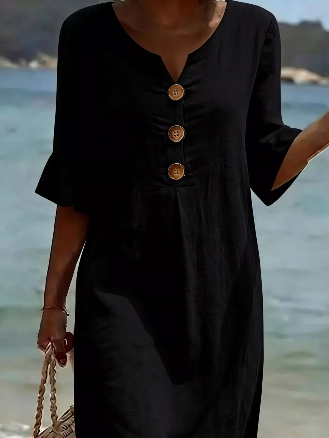 Black Flounce sleeve button-front pleated midi dress