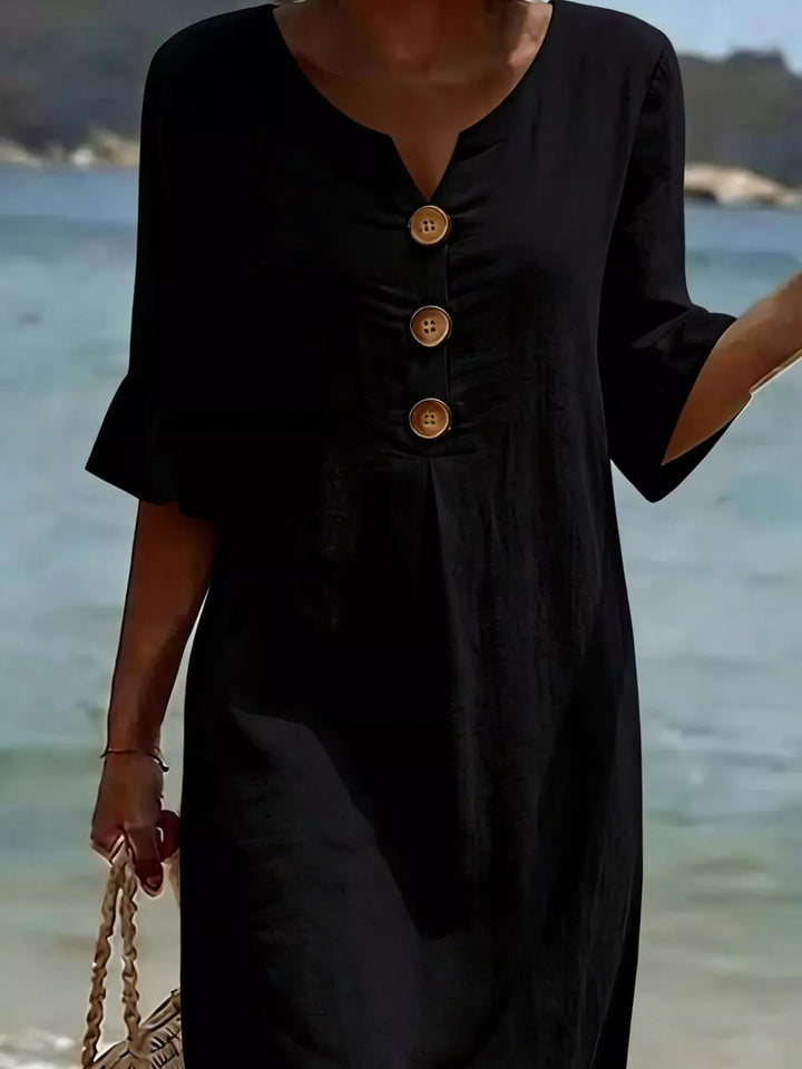 Black Flounce sleeve button-front pleated midi dress
