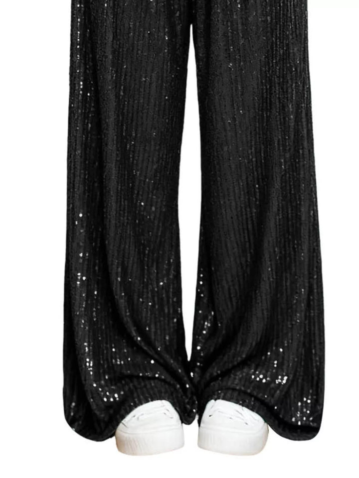 All-over sequin wide-leg pants with elastic waist