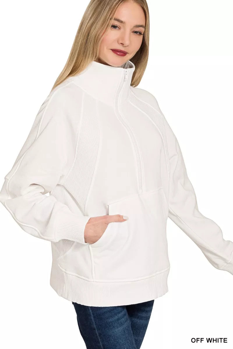 Ribbed half-zip fleece pullover with kangaroo pocket