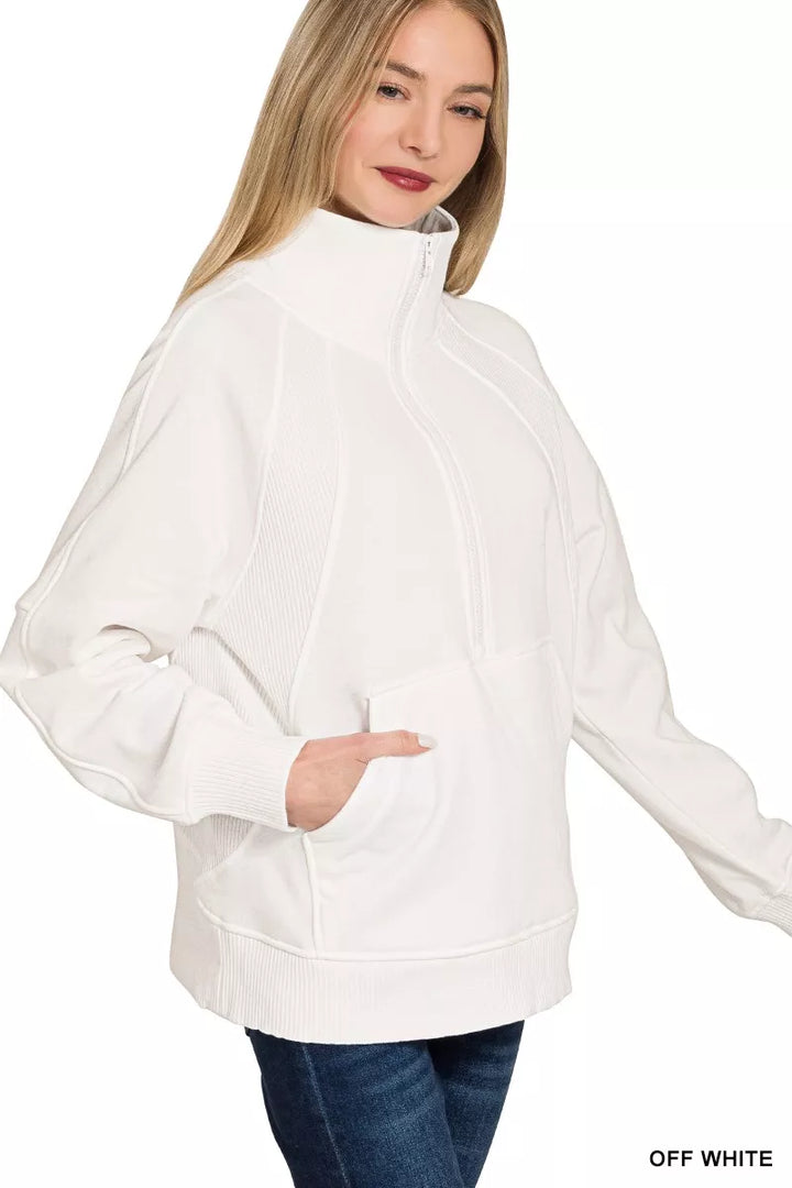 Ribbed half-zip fleece pullover with kangaroo pocket