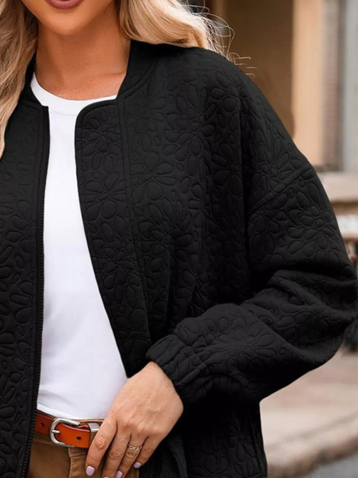 Floral quilted zip-up bomber jacket with pockets
