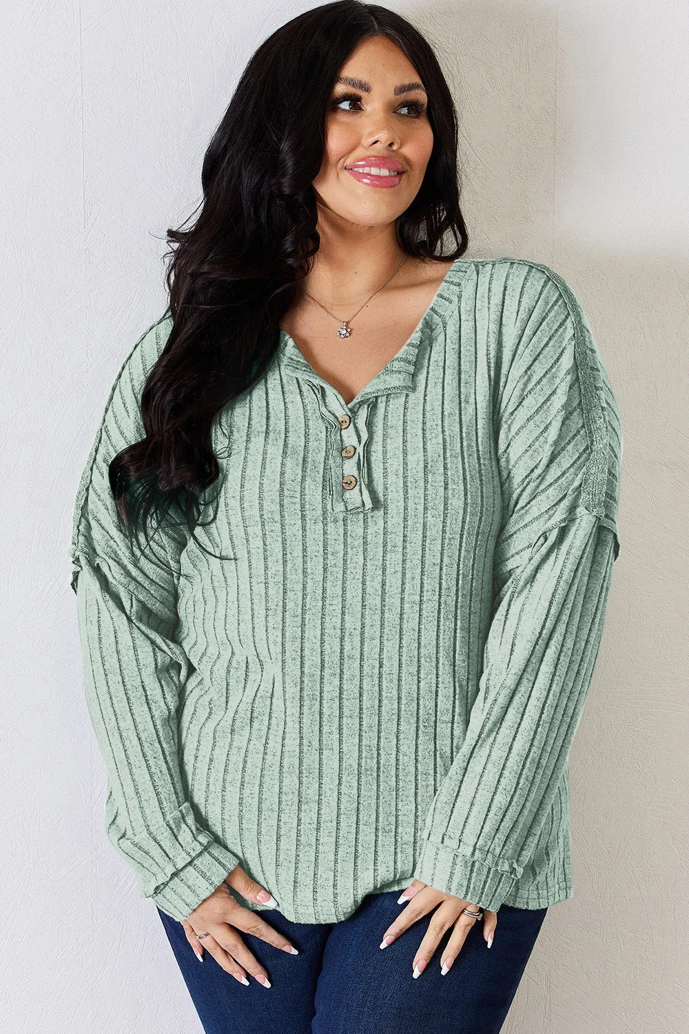 Ribbed knit half-button henley long sleeve top