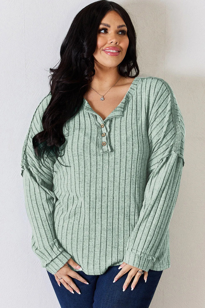 Ribbed knit half-button henley long sleeve top