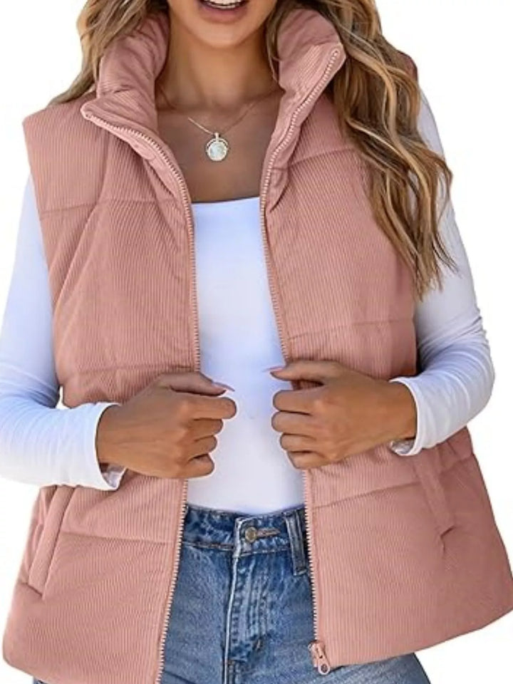 Corduroy stand collar zip-up puffer vest