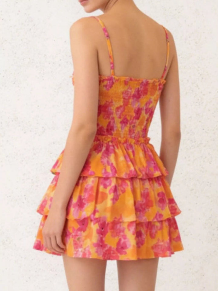 Floral print cutout mini dress with tiered ruffle skirt