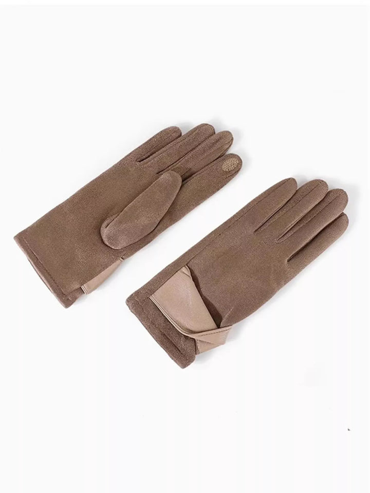 Faux suede touchscreen gloves with crossover strap cuff