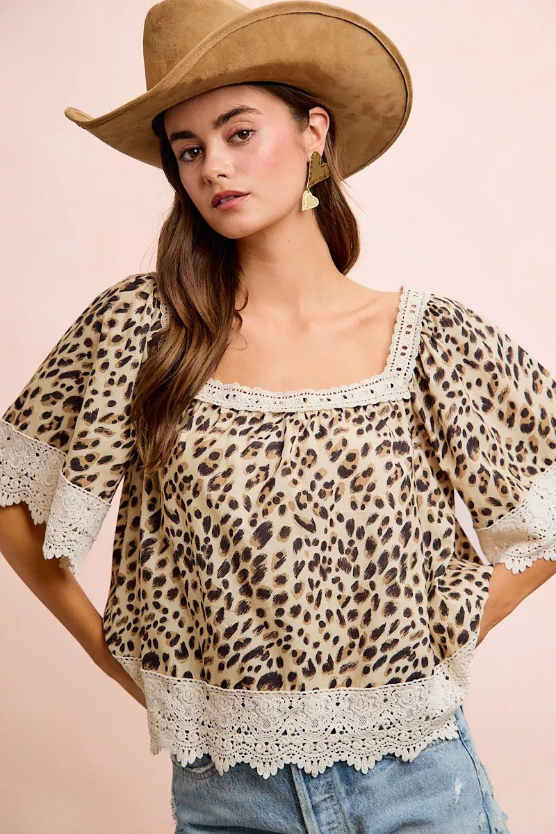 Leopard print square neck top with crochet lace trim
